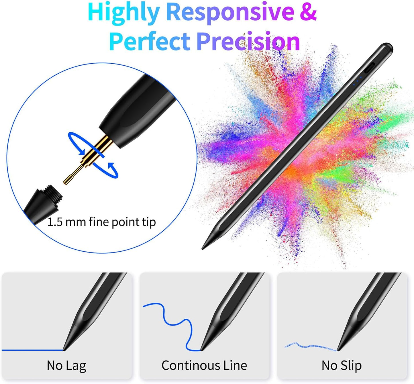 Stylus Pen for iPad, Fast Charging Pencil for Apple iPad with Palm Rejection, Tilt Sensitivity, Work for iPad Air 3/4/5/M2, iPad Mini 5/6, iPad 6-10, iPad Pro 11"/12.9"/M4, Black