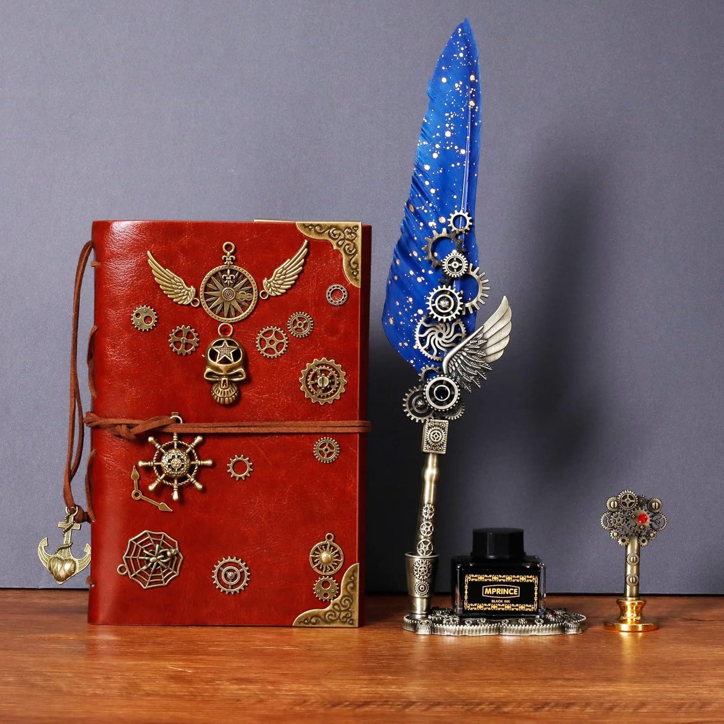 Aifeiter Quill Pen Ink Set Leather notebook With Quill Pen,Notebook,5 Replaceable Nibs,Seal Stamp,Spoon,Wax Beads,White Wax,Ink,Pen Holder,Cup,Envelope,Letter Paper,Envelope Tool(blue)