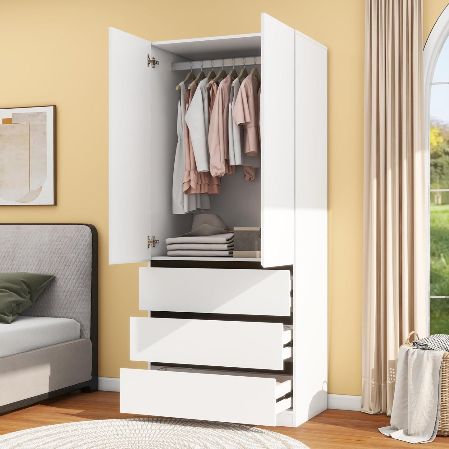 Wooden Wardrobe Closet with 2 Doors: 75" Bedroom Armoire Wardrobe Closet with 3 Drawers, White Cabinet with Hanging Shelves, Large Storage Cabinet (Modern, 1)