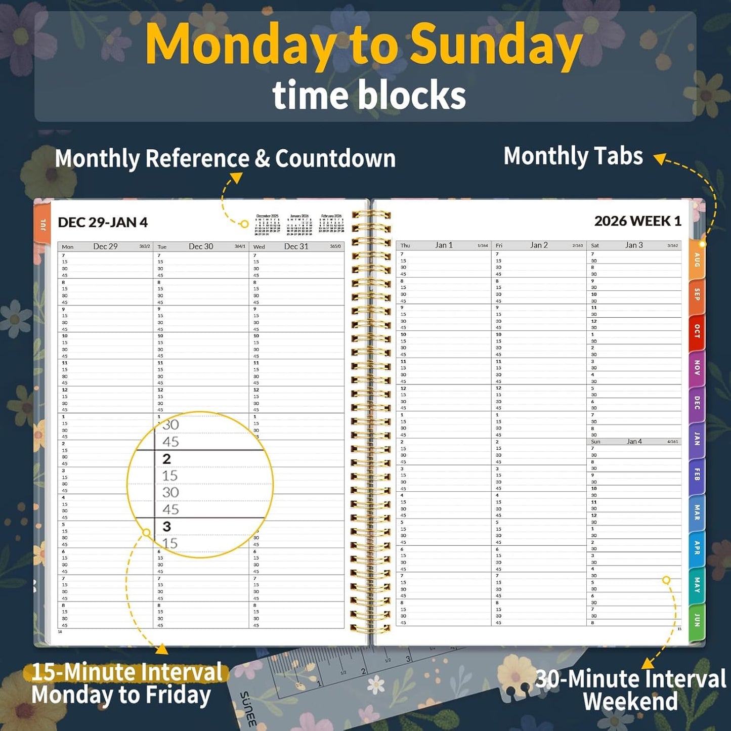 SUNEE 2026 Appointment Book, Quarter-Hourly, Weekly & Monthly - from January 2026 - December 2026, 8.5"x11" Weekly Planner, Flexible Cover, Note Pages, Pockets, Bookmark, Spiral Binding, Navy Flower