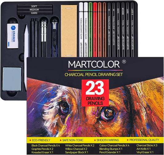 Charcoal Drawing Set, Set of 23, Graphite Pencils, Black & White Charcoal Pencils for Drawing, Sketching, Shading, Blending, Artist Pencils for Beginners & Pro Artists ﻿