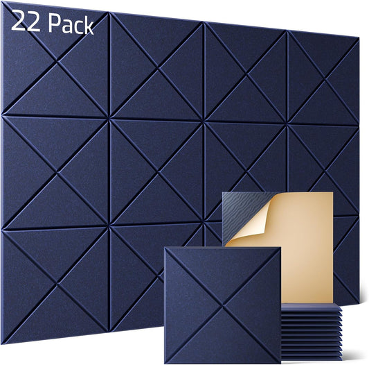Sonicism 22 Pack X-Lined Acoustic Panels with Self-Adhesive, 12"X 12"X 0.4" Sound Proof Foam Panels, Decorative Soundproof Wall Panels, Sound Absorbing Tile for Home & Offices, Dark Blue