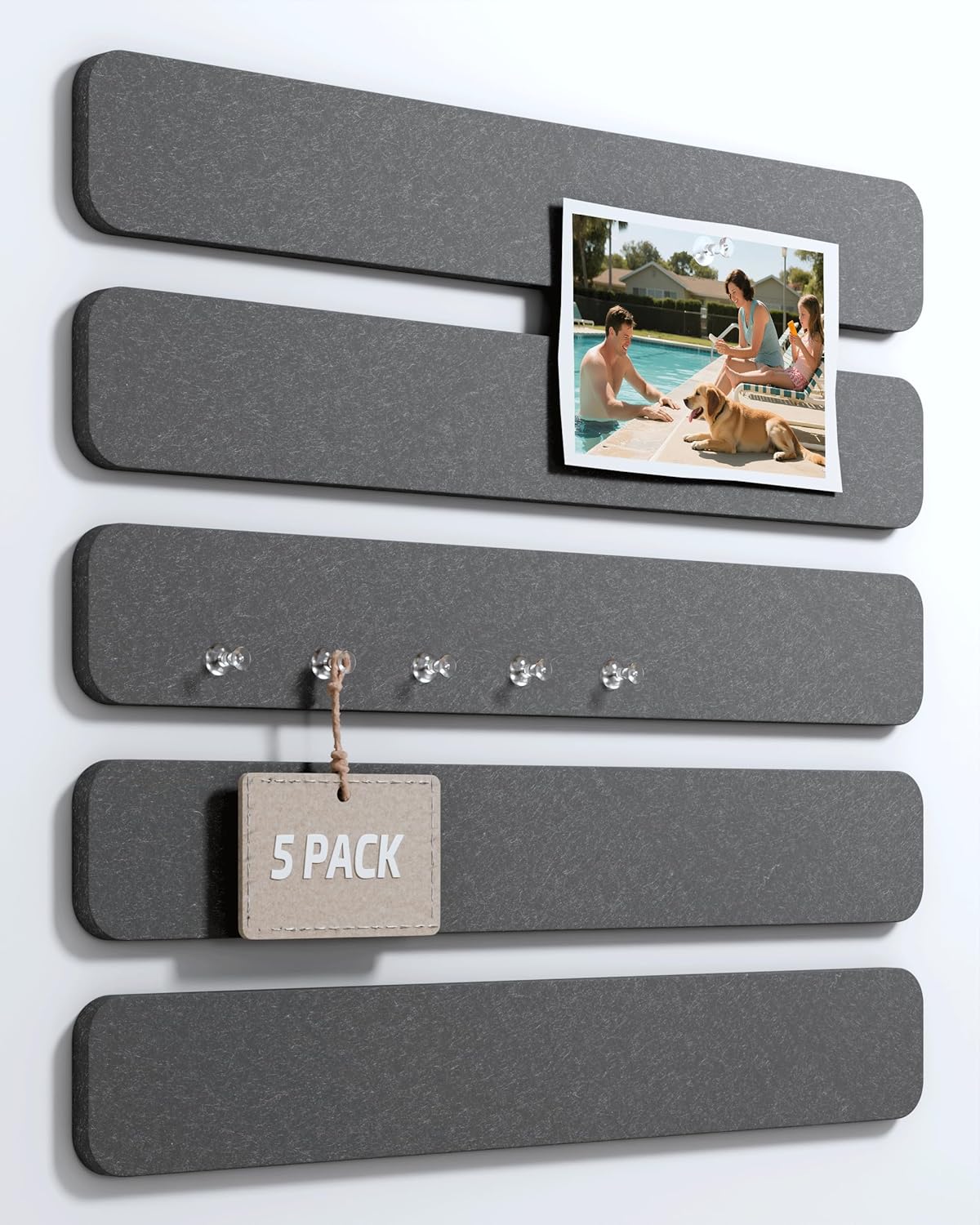 Cork Board Alternative Felt Strip Board 5-Pack 13"x2", Office Pin Board with 35 Push Pins, Adhesive Install for Bedroom Door & Home Office(Charcoal Gray)