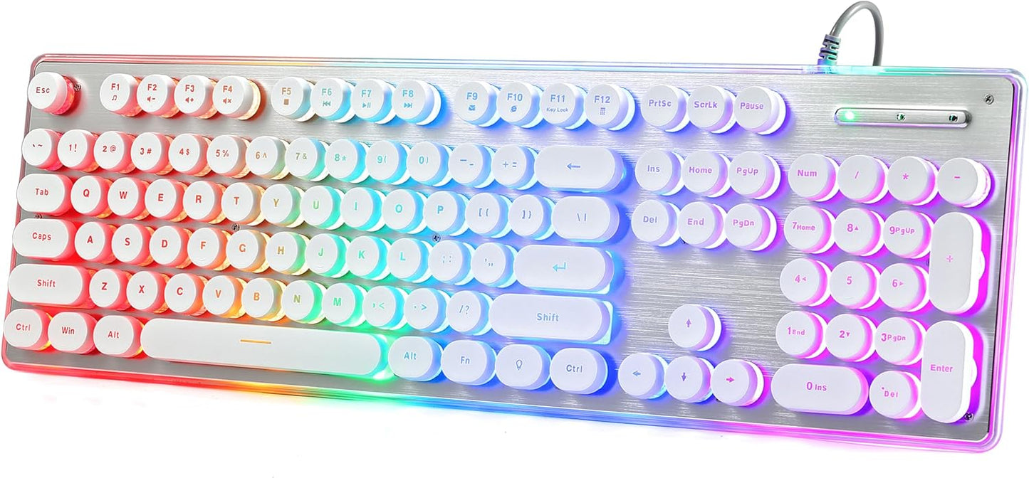 Typewriter Style Keyboard with Metal Panel, Rainbow LED Backlit, Round Keys, Anti-ghosting, Spill Resistant, Light Up USB Wired Retro 104 Keys for Office/Gaming, White/Silver