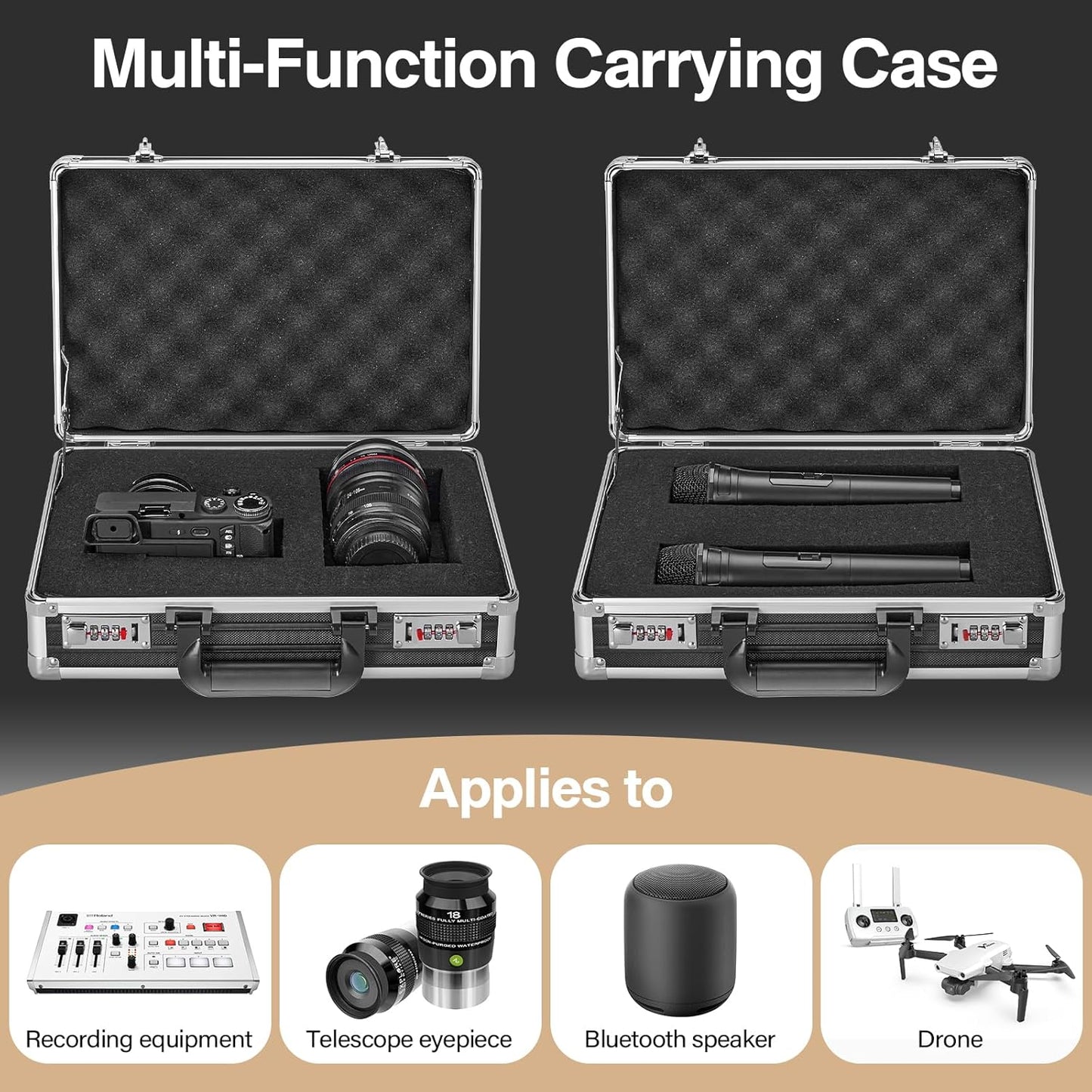 Combination Lock Box - Locking Storage Case with Customizable Foam, 14.2" Portable Lockable Case for Personal Items, Valuables, Documents, Briefcase for Jewelry, Cash, Medications, Black