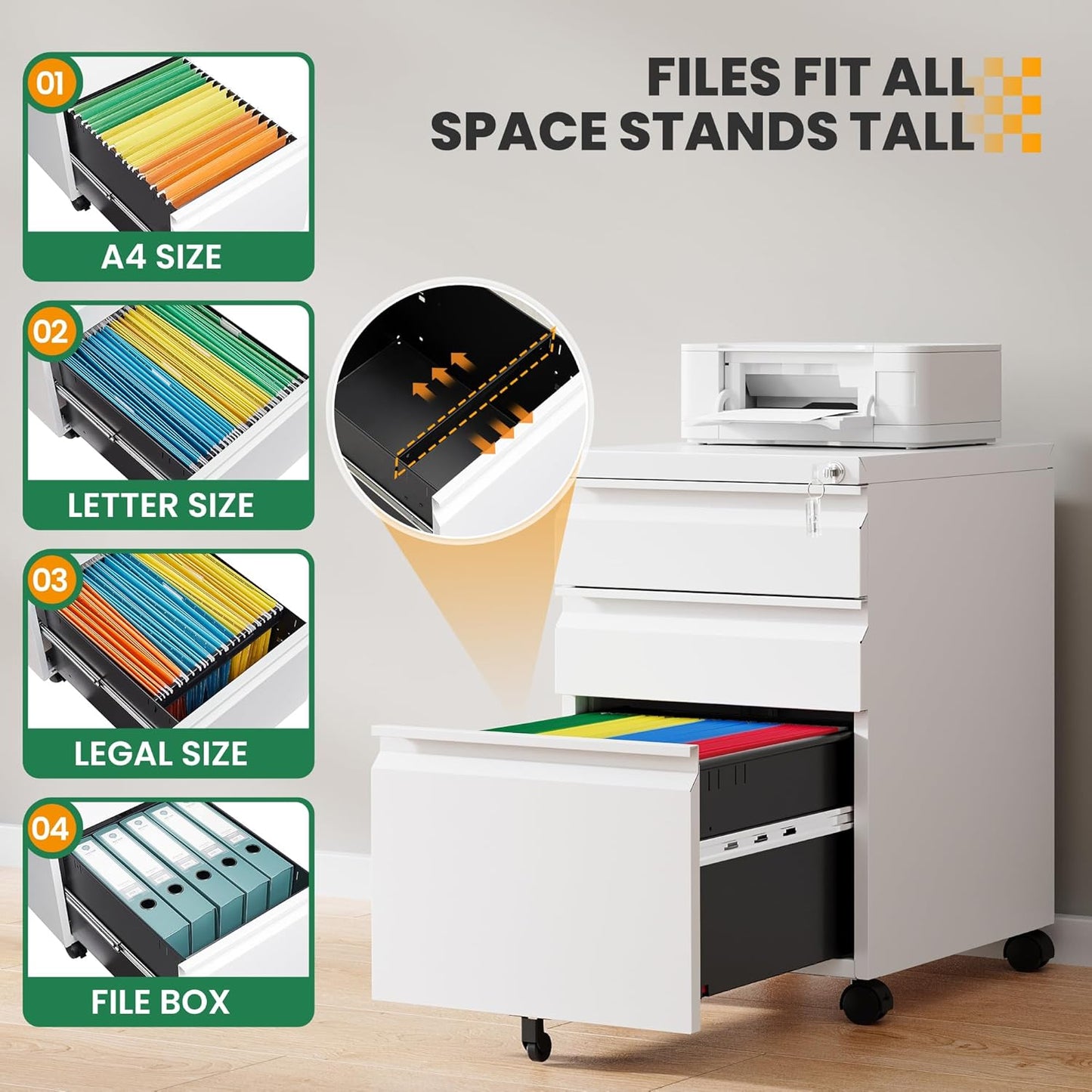 3 Drawer Mobile File Cabinet with Lock,Under Desk Storage Cabinet for Home Office,Vertical Filing Cabinet Fits A4 or Letter Size(Unassembled,White)