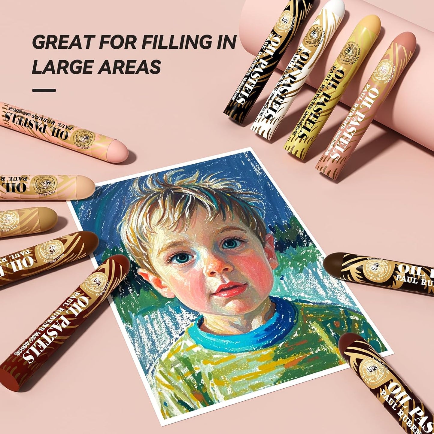 Paul Rubens Large Oil Pastels Set - 12 Portrait Colors (0.79" x 4.72" Jumbo Sticks), Vibrant, Creamy Texture and Blends Easily for Artists, Students and Professionals, Ideal for Filling in Large Areas