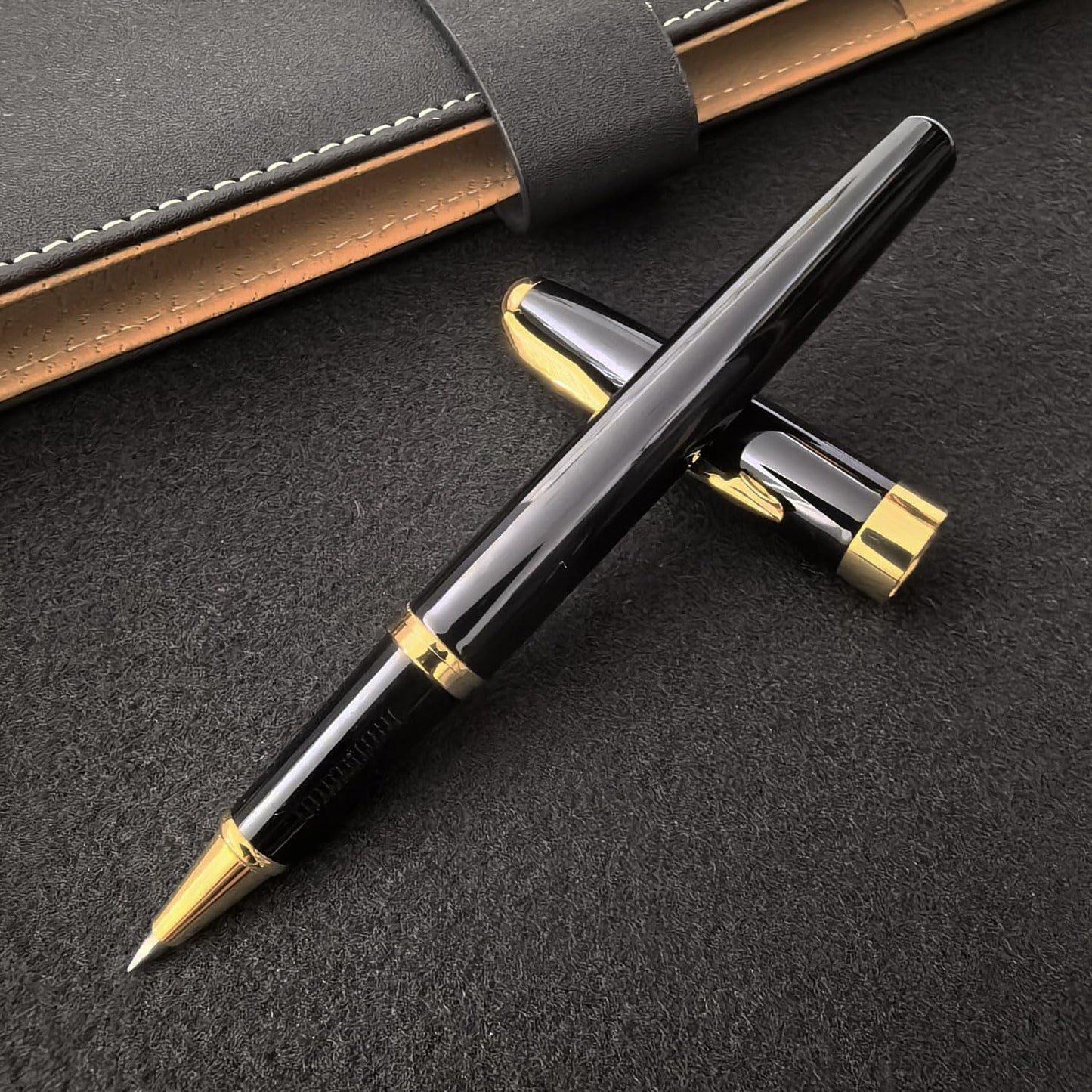 HSK Ballpoint Pens Executive Fountain Pen with Gold Trim, Gift Box Set, Available in Black, Red, Navy Blue,Black Refill Line width 0.5mm (Black)