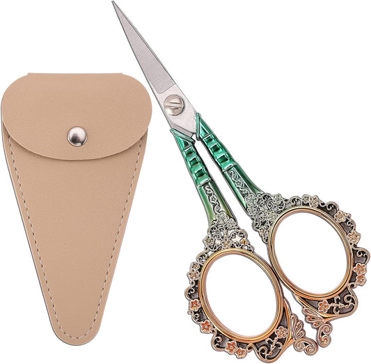 Sewing Scissors Sharp Embroidery Scissors with Sheath, Craft Scissor for Needlework Artwork Threading Cross Stitch Handicraft DIY Tool, 4.5in Gold Green Shears