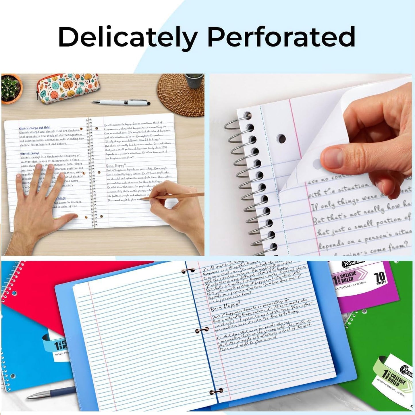 50 Pack, 1 Subject Spiral Notebook College Ruled Bulk, 140 Pages (70 Sheets), Thick No-Bleed Paper, 8 x 10-1/2", 3 Hole Punched, College Ruled Notebook 1 Subject Bulk, Subject Notebook