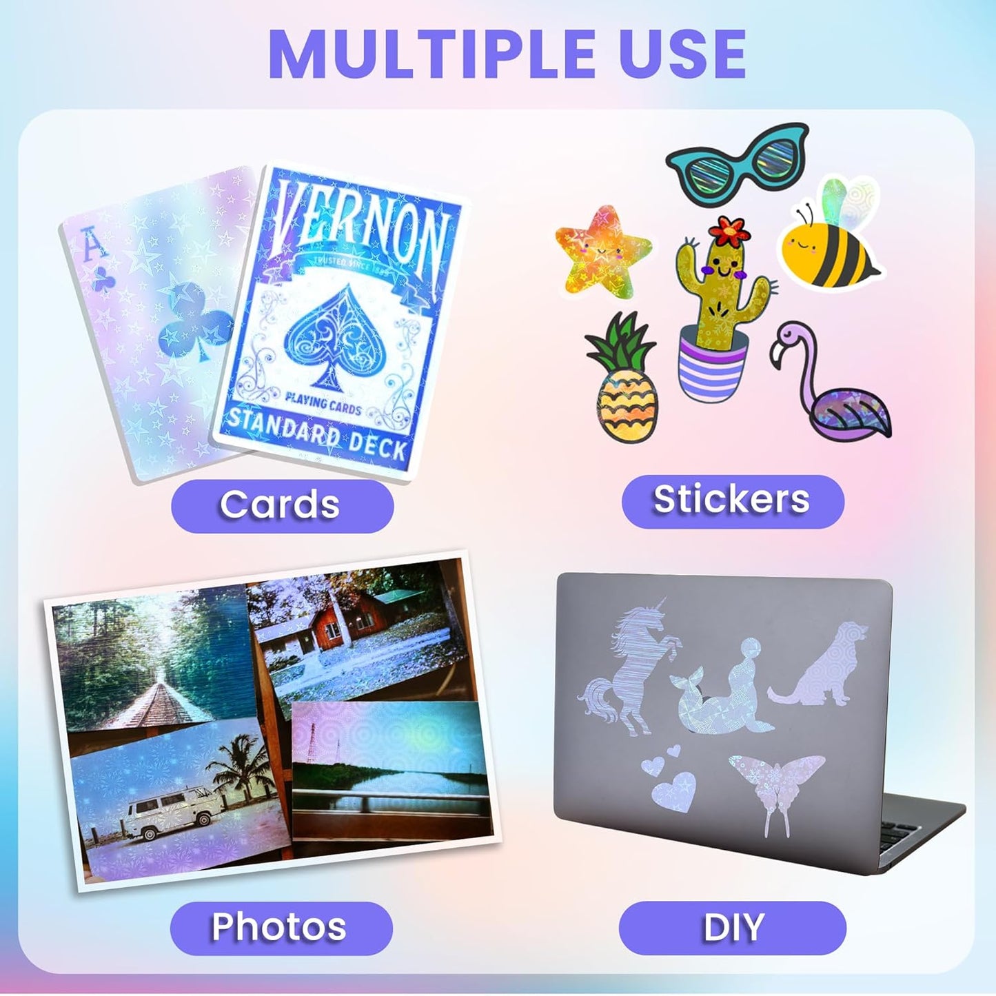 SANZIX 36 Transparent Holographic Laminate Sheets - A4 Waterproof Self Adhesive Sticker Paper Laminating Sheets & Vinyl Sticker Paper (Flower, Butterfly, Small & Big Hearts)