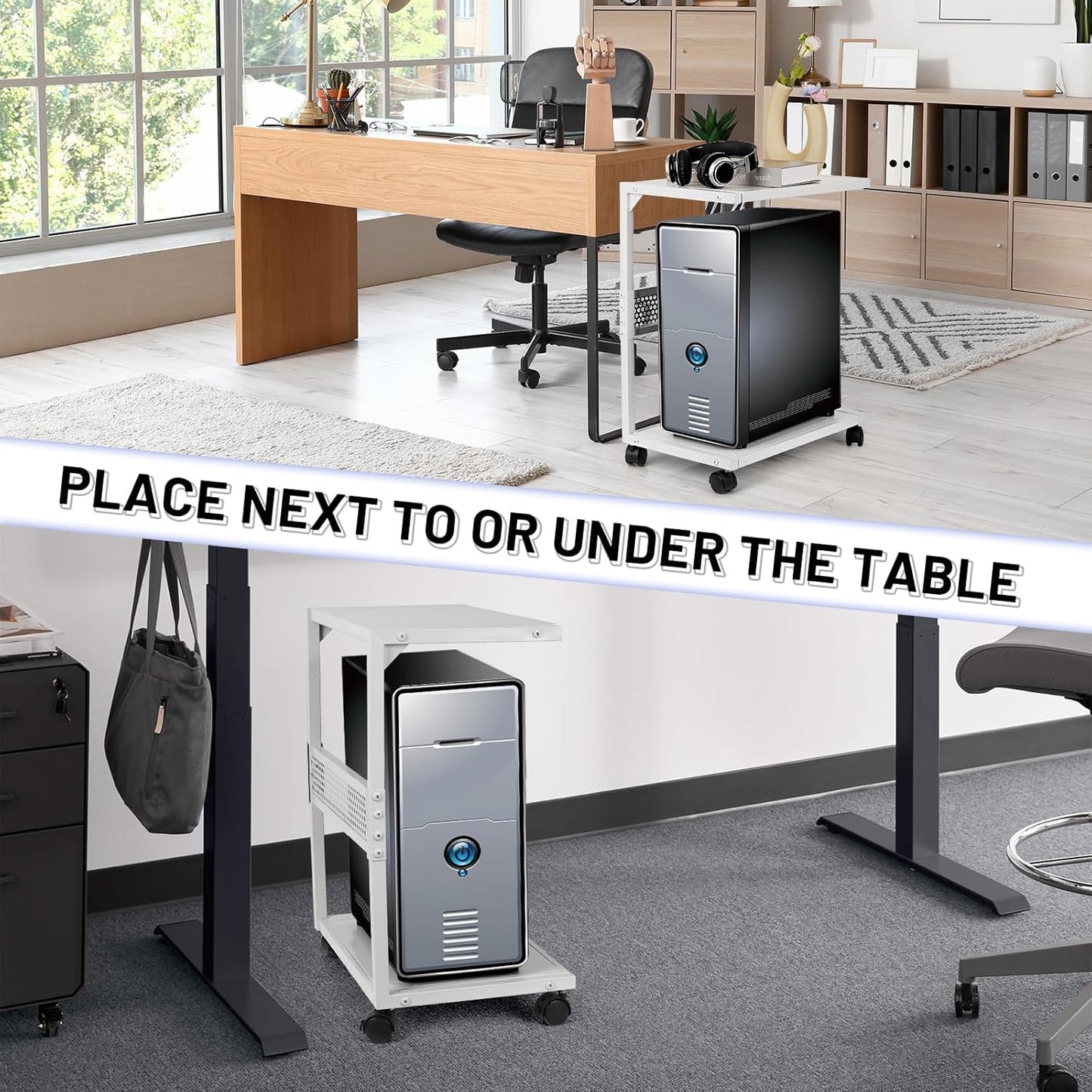 PC Stand Computer Tower Stand 2-Tier Metal CPU Holder with Locking Caster Wheels Suitable for Most PC (S,White)