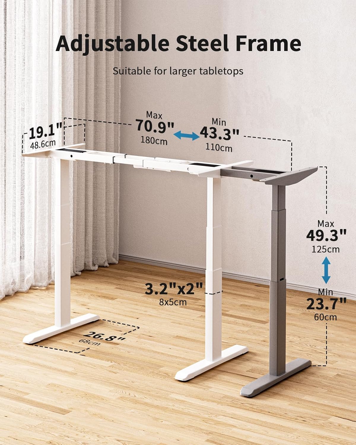 Okin Dual Motor Electric Standing Desk Frame with Memory Controller, Standing Desk Legs Up to 49.3", 3 Stage Off-Center C Feet Adjustable Desk Legs for Home and Office, White Frame Only
