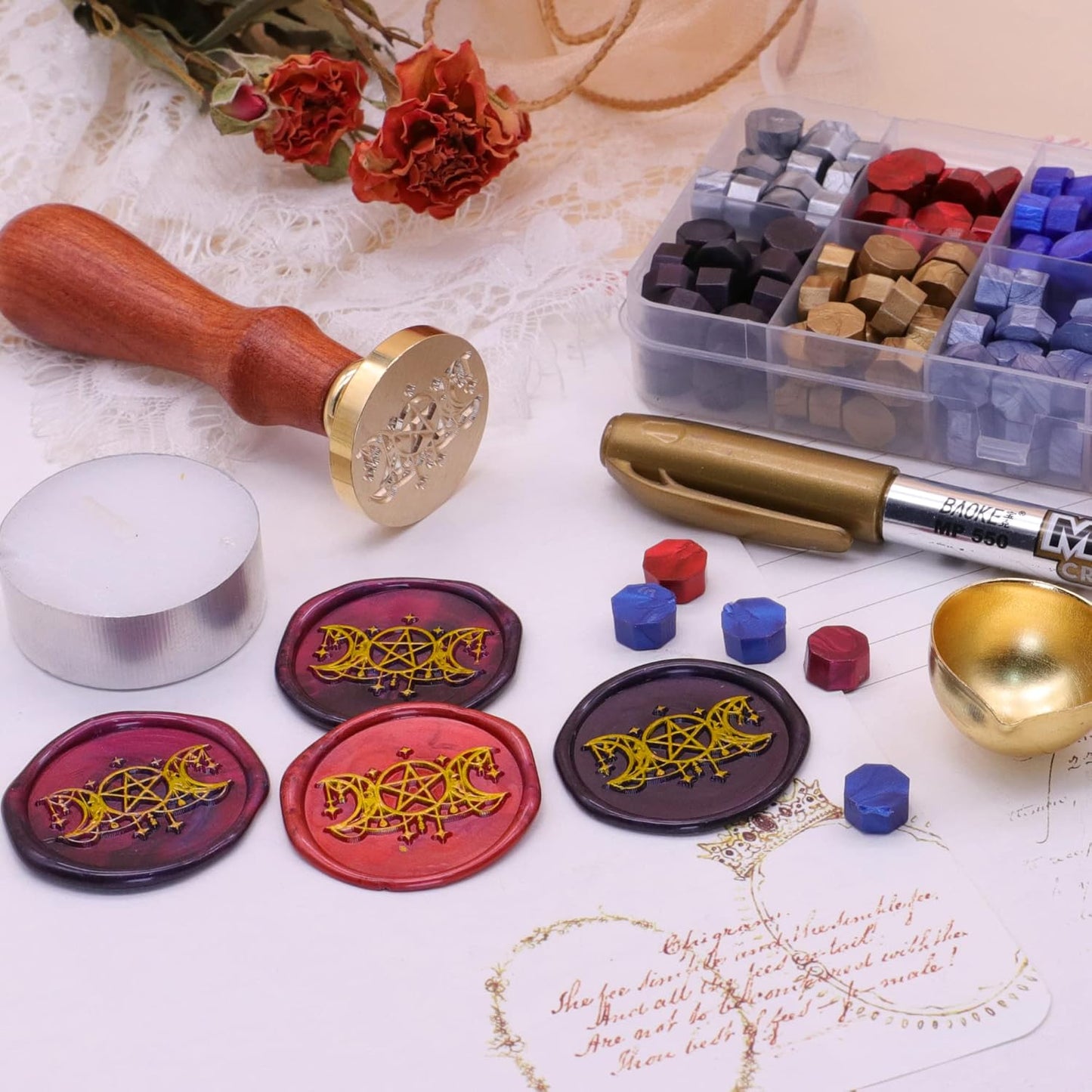 SWANGSA Triple Moon Goddess Wax Seal Stamp Kit with 200pcs Sealing Wax Beads, Great for Embellishment of Invitations, Wine Packages, Gift Idea