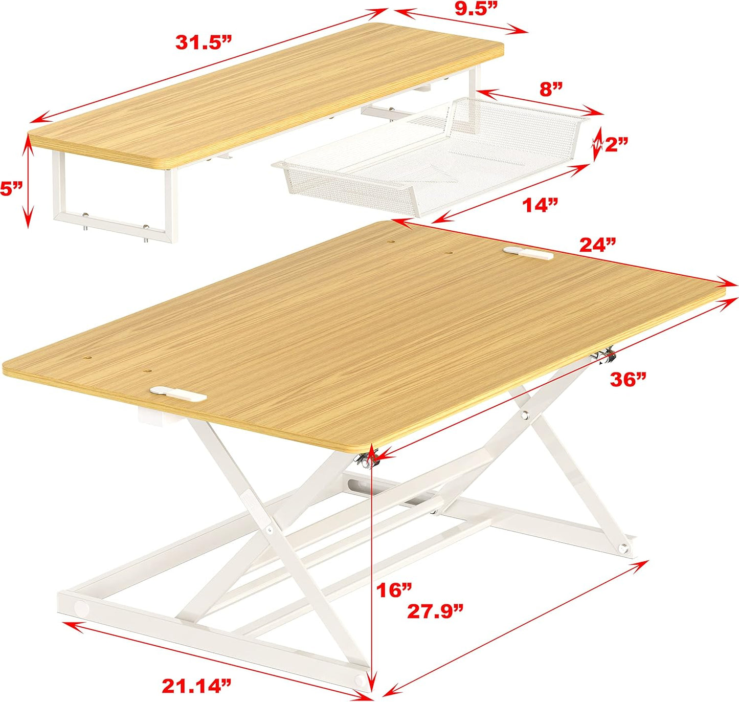 SHW 36-Inch Over Desk Height Adjustable Standing Desk with Monitor Riser, Oak