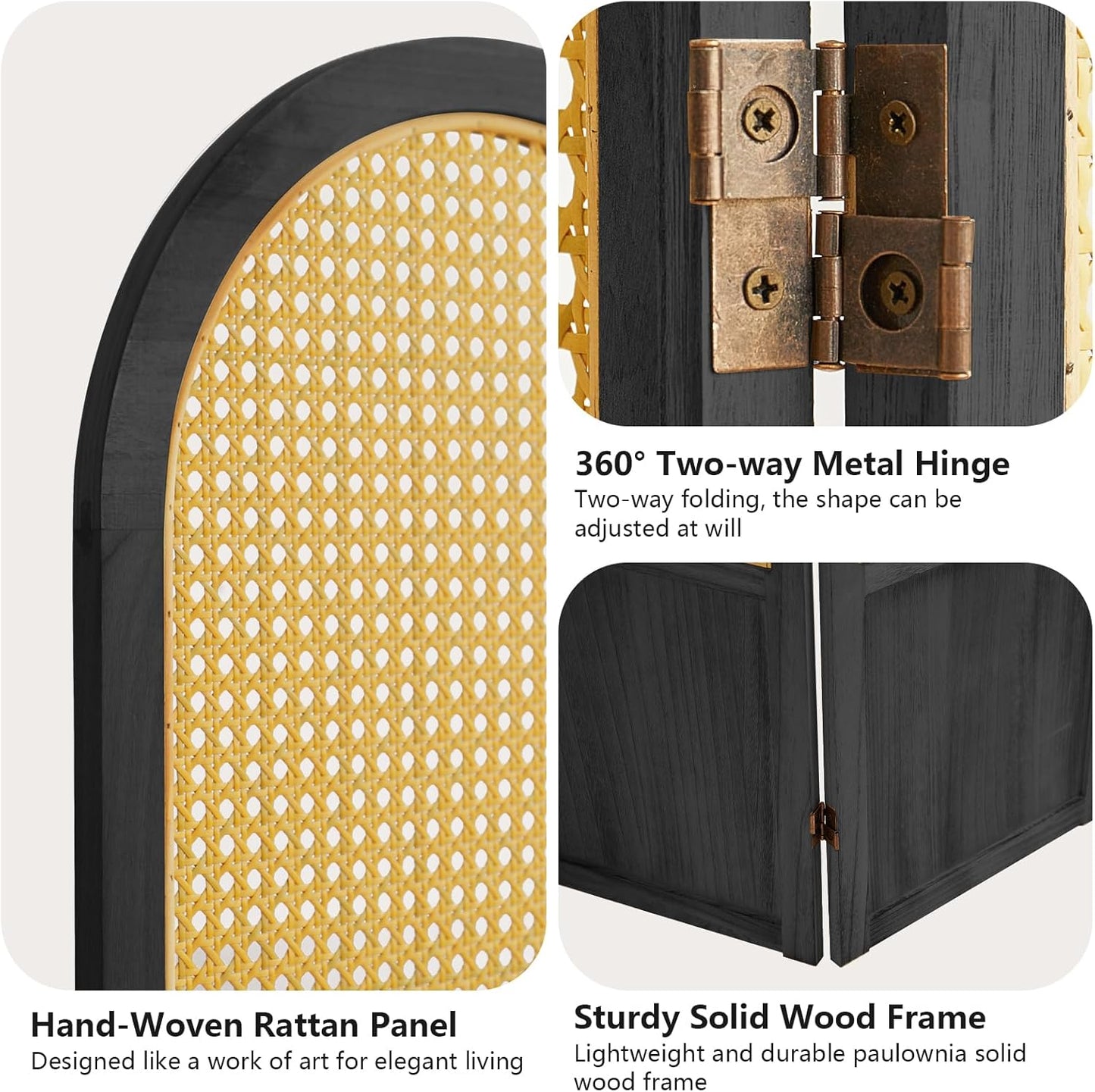 4 Panel Room Divider and Folding Privacy Screen, 5.6 Ft Foldable Double Hinged Rattan Partition, Hand-Woven Rattan Room Divider Portable Wood Freestanding Wall Divider for Room Separation - Black