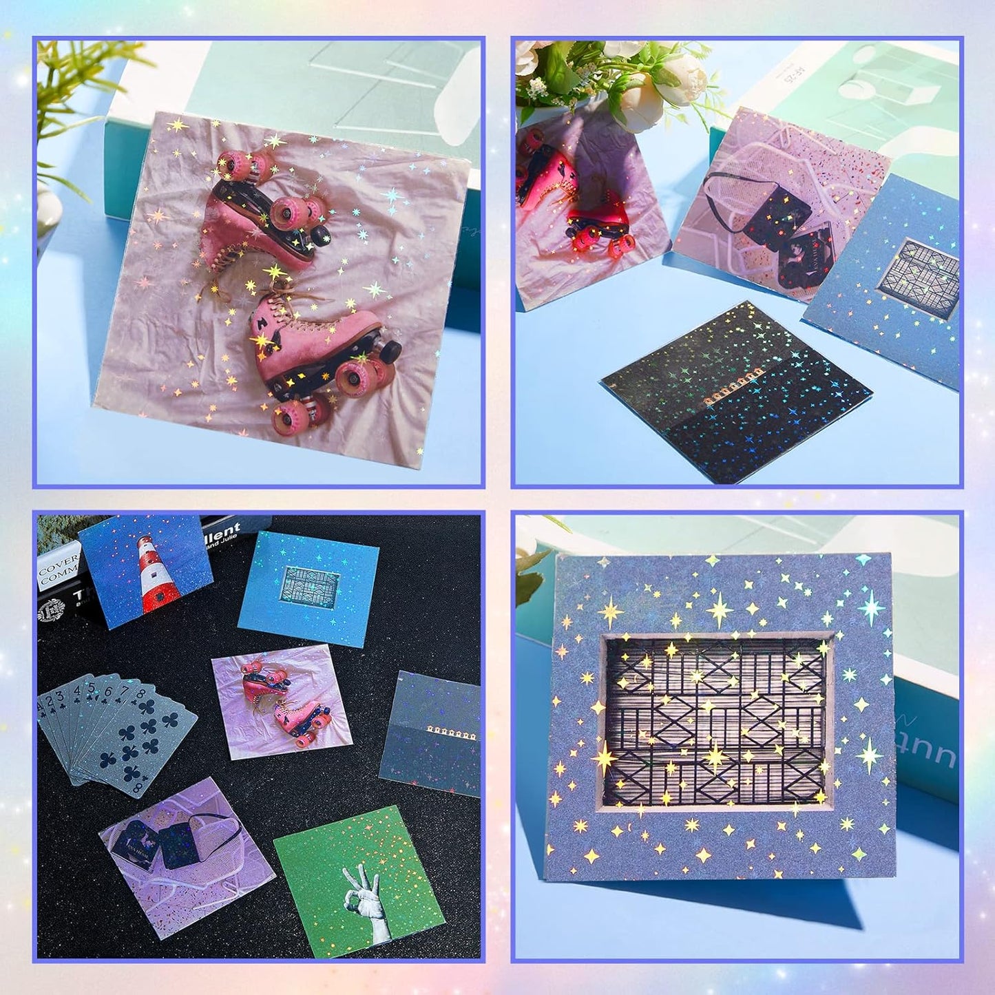 Nezyo 60 Sheets Holographic Laminate Sheets Clear Glitter A4 Size Vinyl Sticker Paper Holographic Overlay Self Adhesive Waterproof Transparent Film, 11.7 x 8.3 Inch (Star Style)