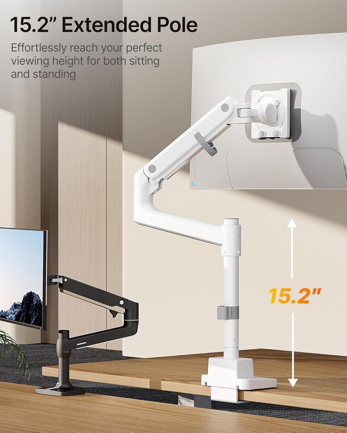 monTEK Heavy-Duty Single Monitor Arm for 17-57 inch, up to 59.4lbs Ultrawide Screens,Gas Spring Dual Curved Adjustable Monitor Stand for Desk,75/100mm VESA Mount with USB，White