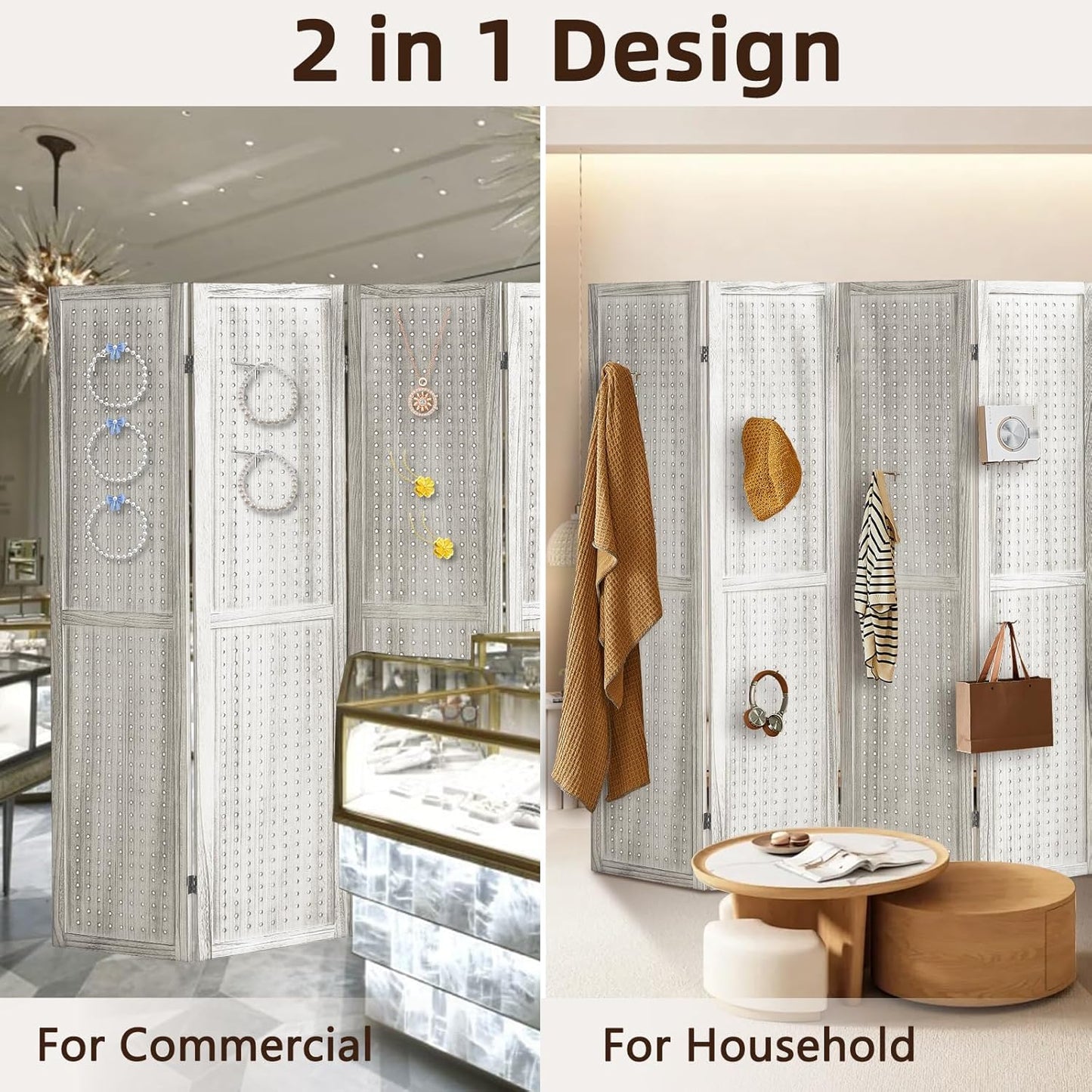 6 Panel Pegboard Display with 24 Hooks, Wooden Room Divider Wall and Folding Privacy Screens, Privacy Dividers for Rooms, Pegboard Room Divider, Jewelry Store, Retail Store, Bedroom, White