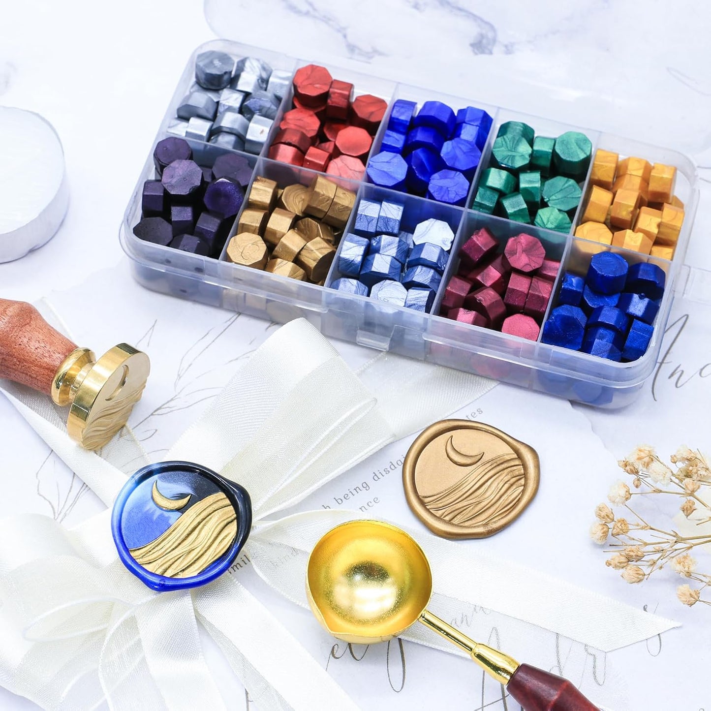 SWANGSA 3D Moon and Ocean Wax Seal Stamp Kit with 200pcs Sealing Wax Beads, Great for Embellishment of Invitations, Wine Packages, Gift Ideas
