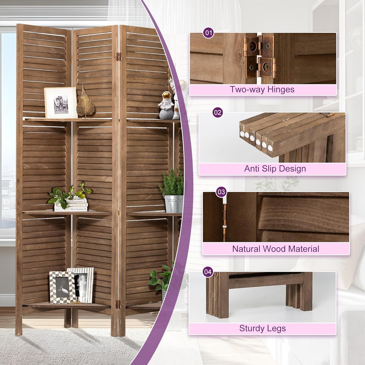 Room Divider with Shelves, 5.6FT Folding Room Divider Panel, 6 Panel Wood Partition Wall Divider for Room Separation, Dark Brown