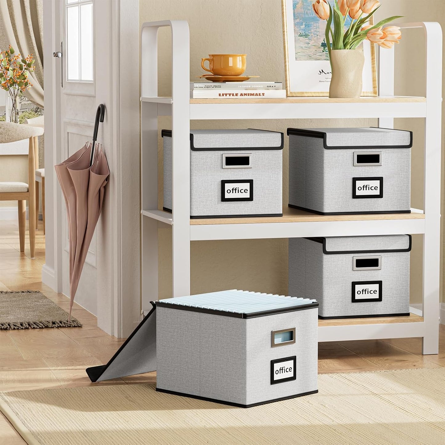 Huolewa File Organizer Box with Lid, Collapsible File Folder Organizer for Office Document Storage, Filing Box with Plastic Slide for Letter/Legal Size Hanging Files, Light Grey