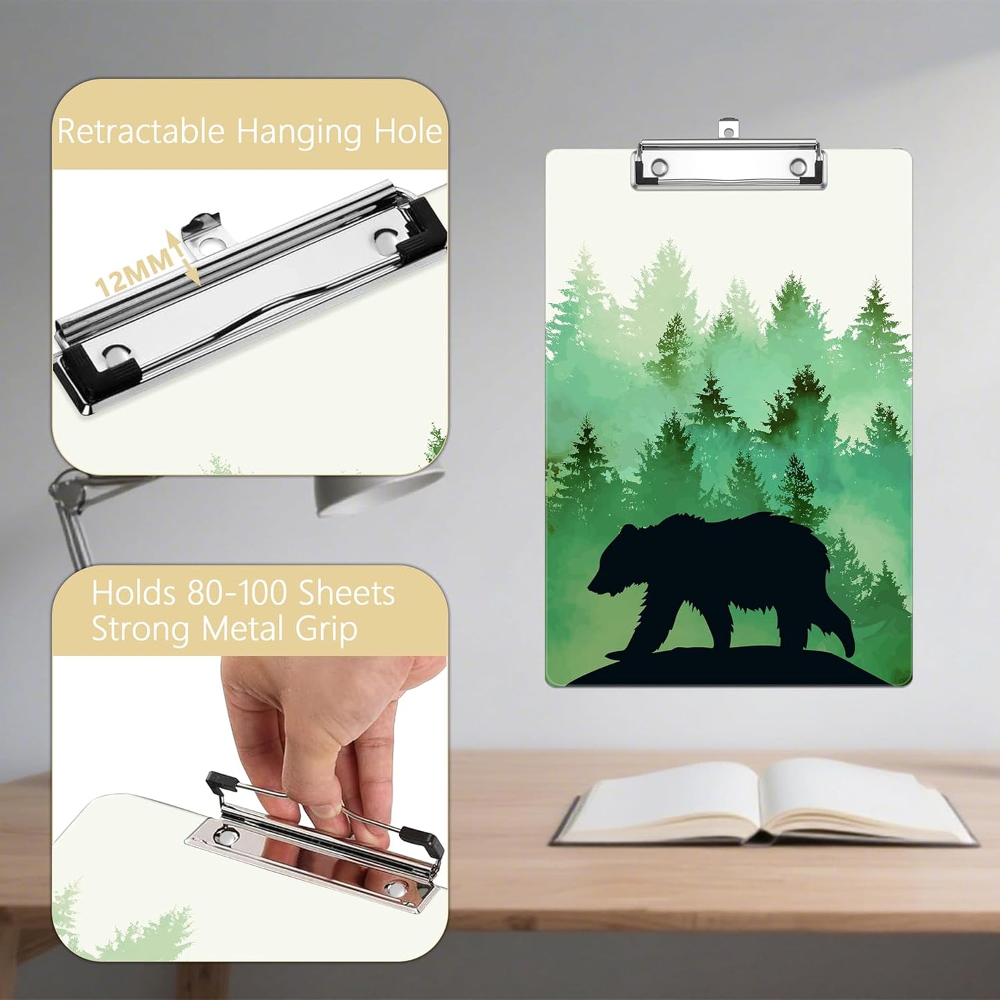 Forest Bear Silhouette Plastic Clipboards,Decorative Plastic Acrylic Clipboard for Teacher Social Worker Students Office Supplies 8 * 12