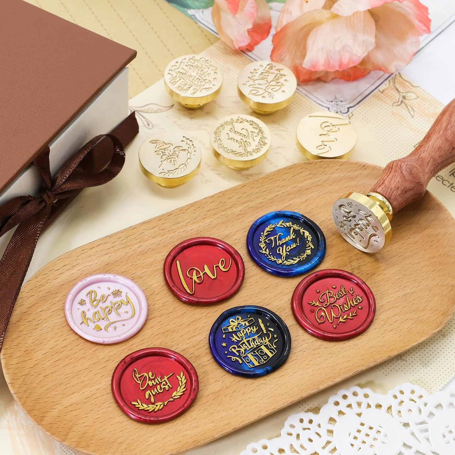 SWANGSA Phrases Wax Seal Stamp Set, Vintage 6 Pcs Sealing Wax Stamp Heads and 1 Wooden Handle for Wedding, Party Invitations, Letters, Envelopes, Christmas