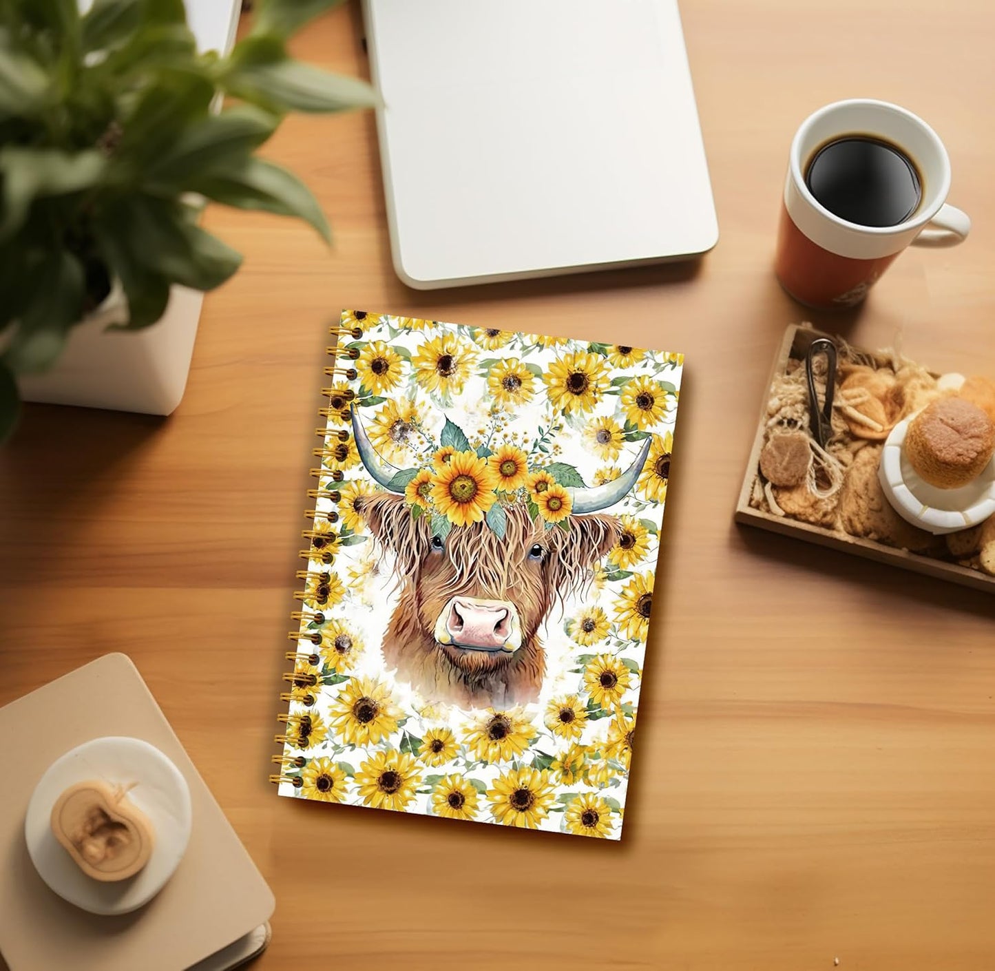 Highland Cow Notebook Journal - Sunflower Notebook, 5.5×8.3 Summer Sunflower Spiral Journal Notebook, Highland Cow Gifts, Cow Gifts for Women, 164 Pages