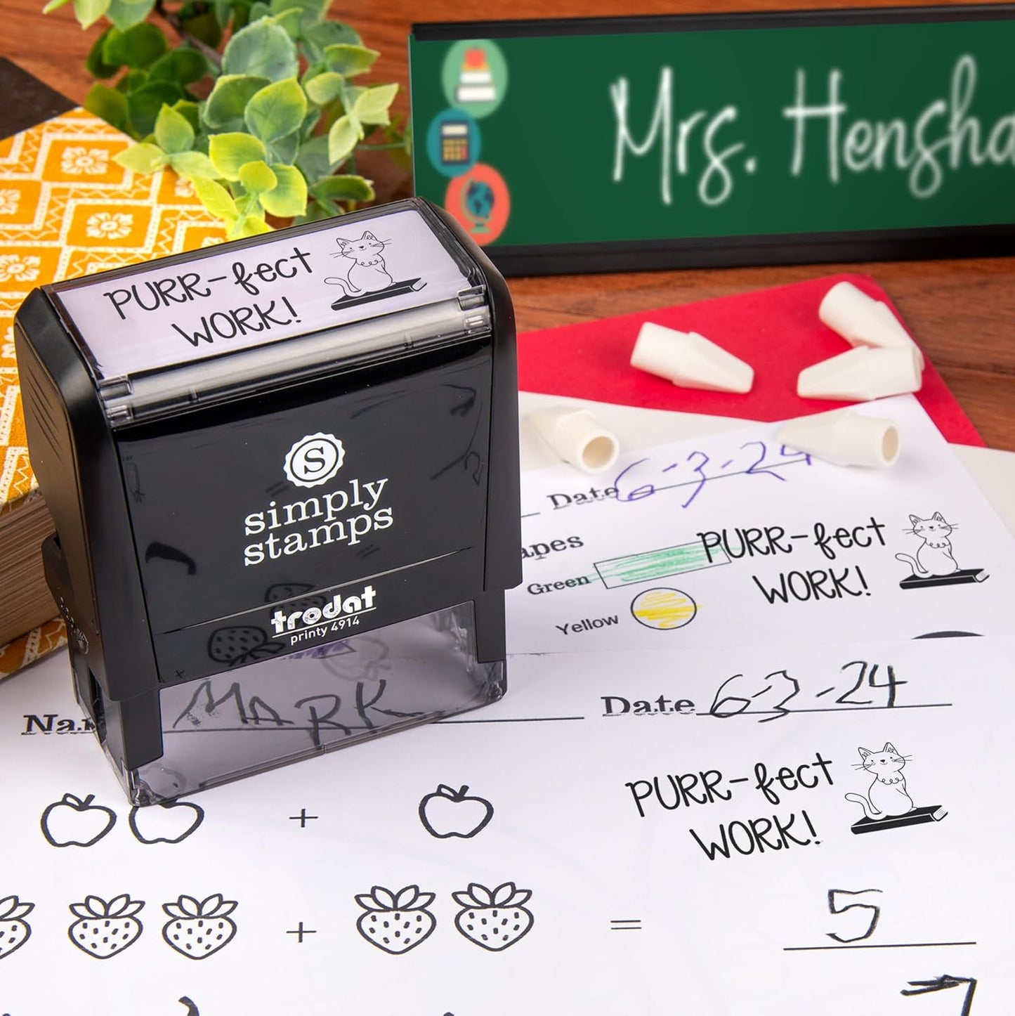 Custom Self-Inking Stamps | 49 Designs | Fun Phrases | Make Grading Easy | Classroom & Library Book Stamps (Purr-FECT Work! Xtra Wide)