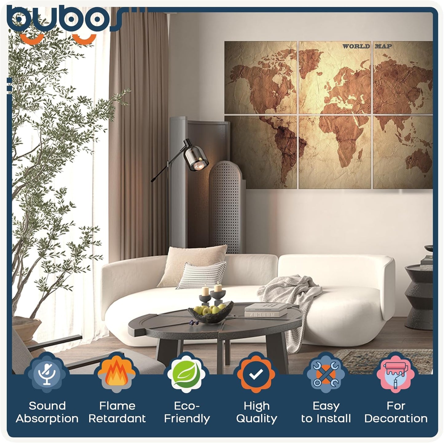 BUBOS 6 Pack Art Acoustic Panels Soundproof Wall Panel,70.8X47.2 Inches Large Sound Absorbing Panel,Self-adhesive Decorative Acoustical Wall Panels, Acoustic Treatment for Home Office（World Map）