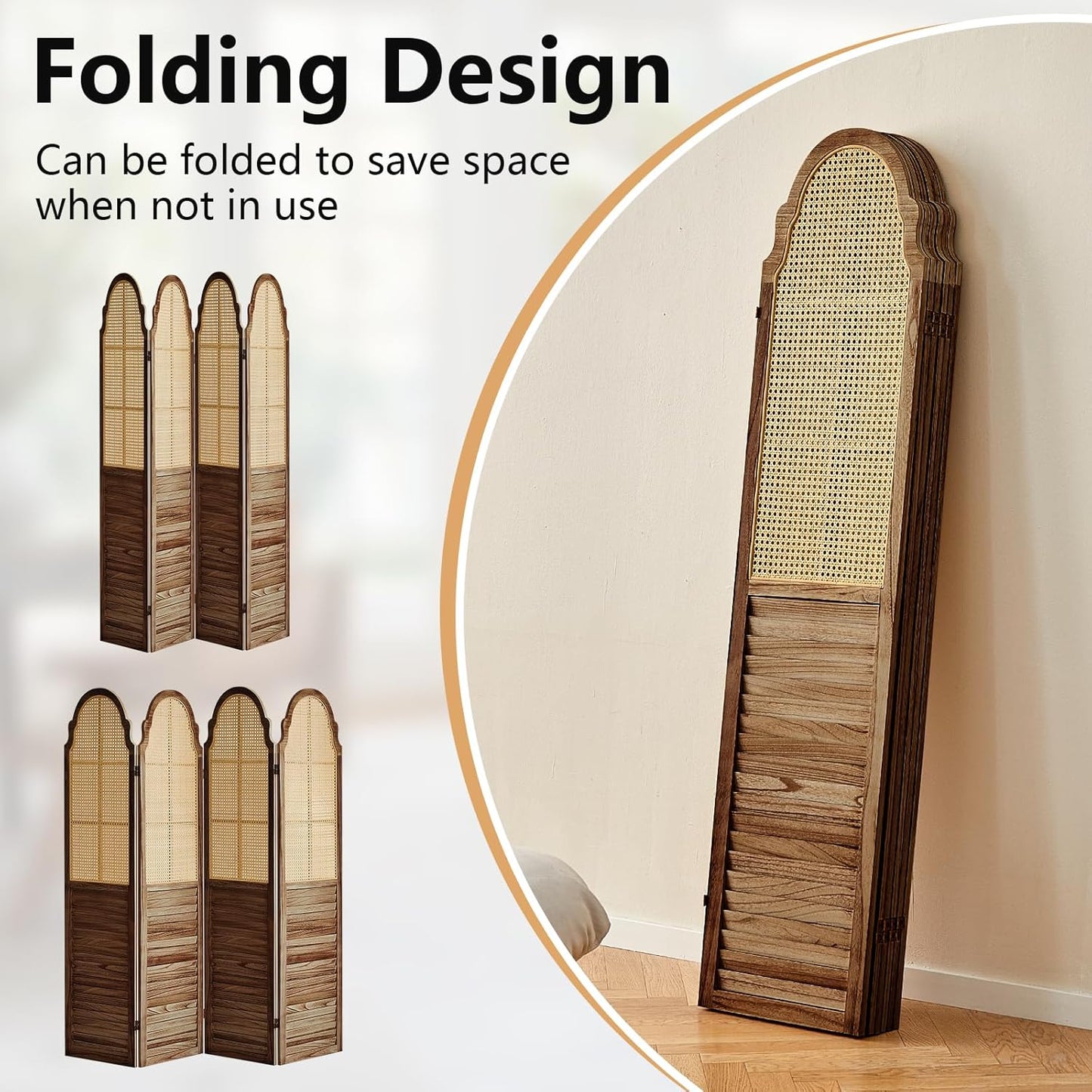 4 Panel Rattan Room Divider Panel, 5.6Ft Partitions and Dividers, Louvered Partition Divider, Room Dividers Screen, Solid Wood Frame, Folding Screen, Bedroom, Family Room, Dark Brown