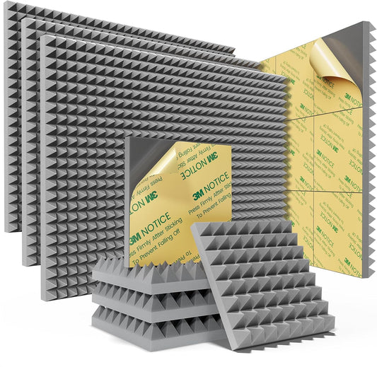 Sonicism Acoustic Panels Self-Adhesive 48 Pack Pyramid 2"X12"X12" Soundproof Wall Panels Fast Expand Sound Proof Foam Panels for Walls 35kg/m³High Density,Sound Absorption & Decoration,Gray