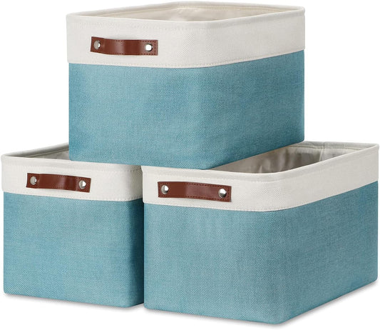 DULLEMELO Storage Baskets for Shelves, Fabric Collapsible Rectangular Storage Bins for Shelves, Closets, Nursery, Home, Empty Gift Baskets (3-Pack Medium-15 inch X 11 inch X 9.5 inch , White&Teal)