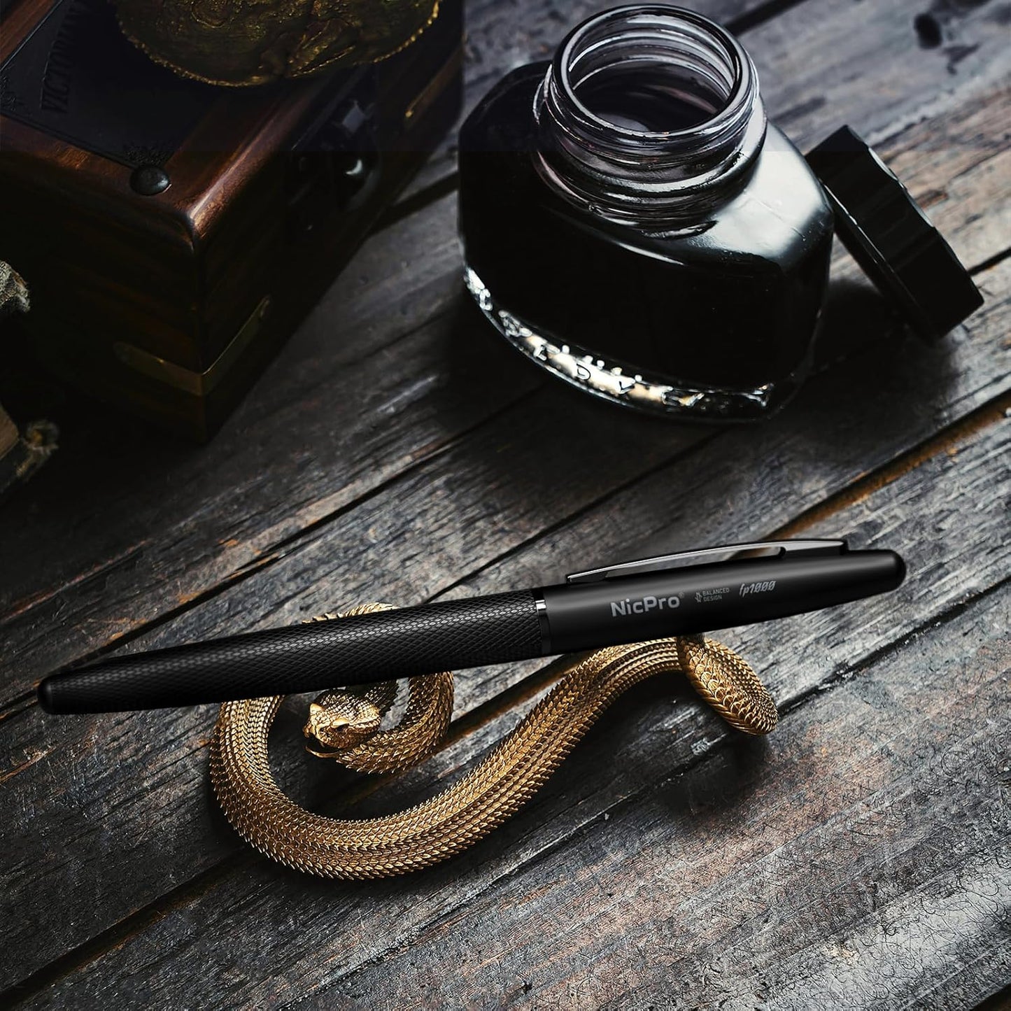 Nicpro Fountain Pen Set with Box, Classic Black Fancy Pen with Converter, 0.5mm Fine Nib Smooth Writing Calligraphy, Luxury Gift Pen