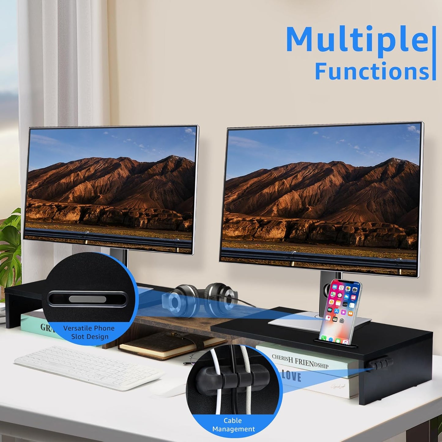 Dual Monitor Stand Riser for 2 Monitors, Monitor Stand for Desk, Adjustable Length Swivel Angle Wooden Desktop Organizer Stand Riser with Smartphone Holder for PC Monitor, Rustic Brown