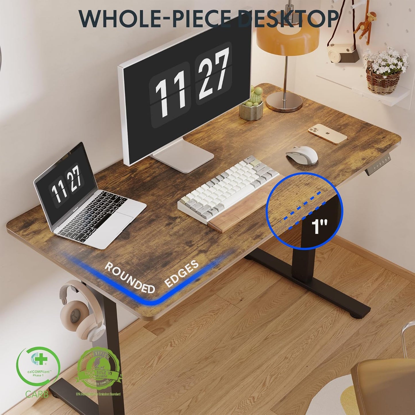 FLEXISPOT One-Piece Electric Standing Desk, 48 x 24 Inches Adjustable Desk with Seamless Desktop, Memory Controller Height Adjustment (Black Frame + Rustic Desktop, 2 Packages)