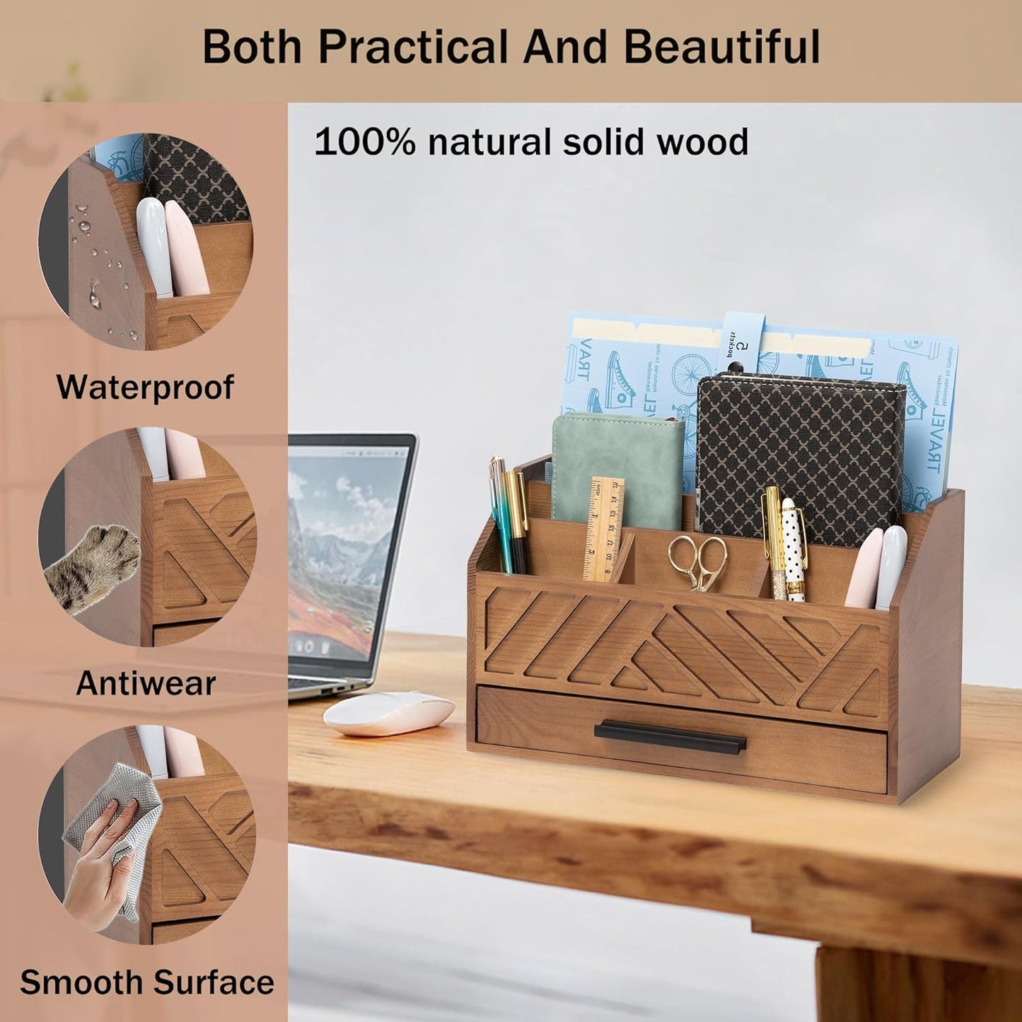 Brown Wood Desk Organizer and Accessories with Drawer, Bill Mail Organizer and File Mail Holder for Office Supplies, Modern Desk Accessories & Workspace Organizers for Desk Organization