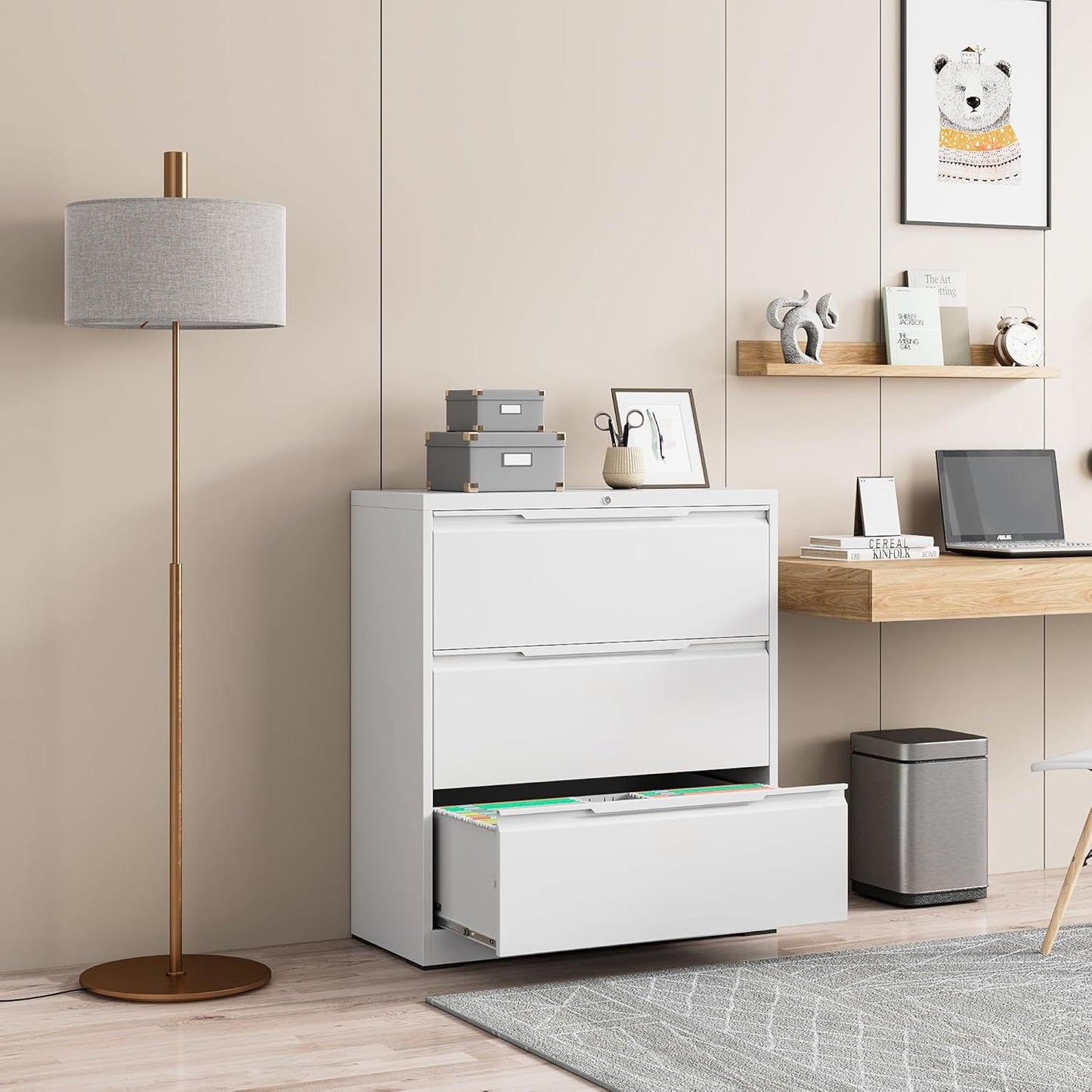 Lateral File Cabinet, 3 Drawer Lateral File Cabinet with Lock, Lockable Metal File Cabinet for Home Office, File Cabinet for Letter/Legal/F4/A4 Size (White, 3 Drawer)