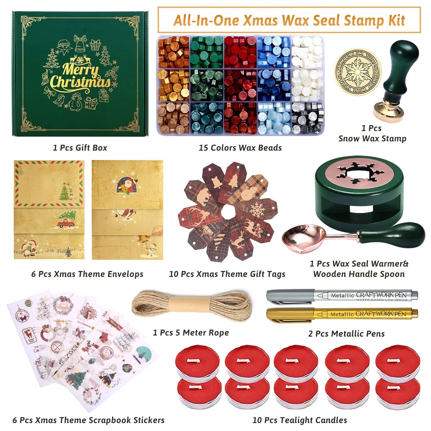 Christmas Wax Seal Kit with Snow Wax Seal Stamp, 25 Colors Wax Seal Beads with Sealing Wax Warmer, Xmas Washi Stickers, Gift Tags, Envelope, Candle, Wax Seal Stamp Kit for Gift and Craft
