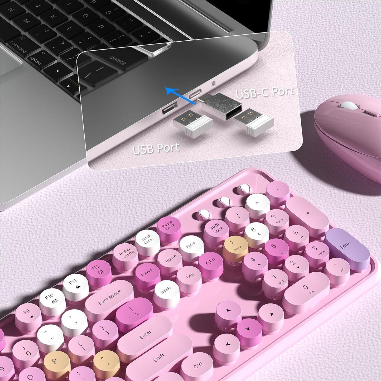 Colorful Wireless Keyboard and Mouse Combo, COVEVA 2.4GHz Wireless Retro Cute Round Keycaps Keyboard, 104 Keys Full-Sized Keyboard Mouse Set with Switch Button for PC Laptop Desktop (Pink Colorful)