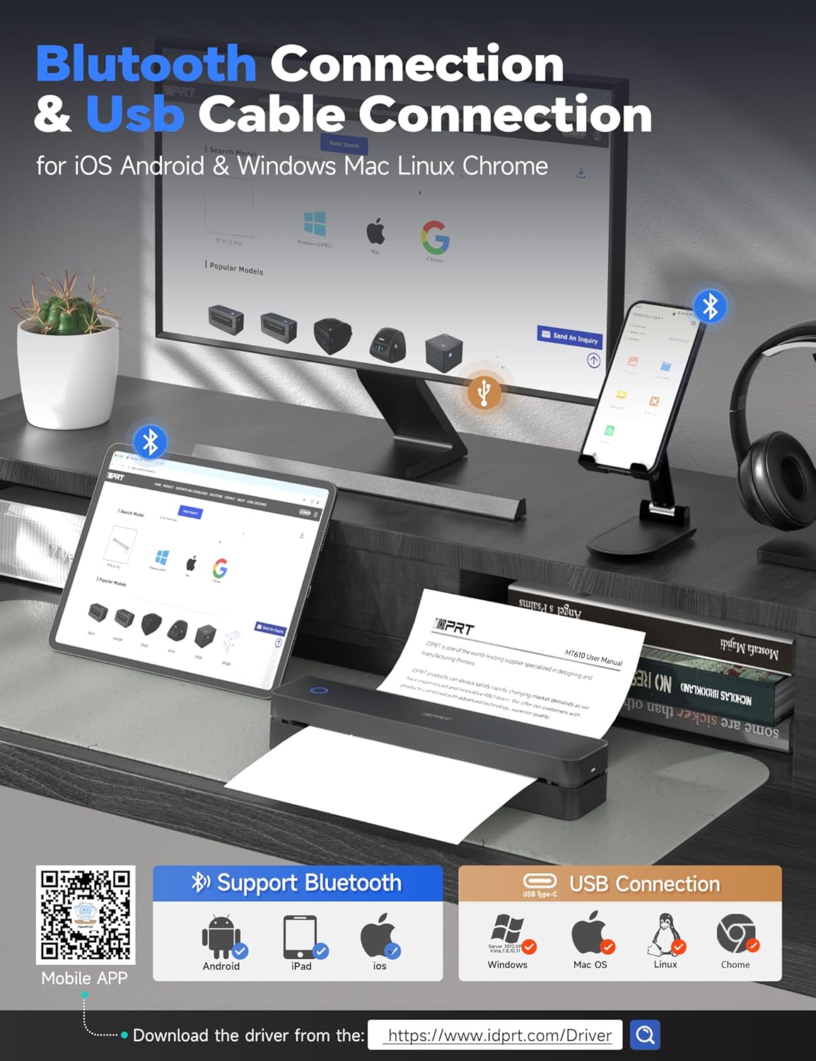 iDPRT MT610 Pro Portable Thermal Printer, 300DPI HD Mobile-Travel-Printers, Inkless-Wireless-Small-Printer for Home Use, Office, Vehicles, Bluetooth Printers Supports 8.5" x 11" US Letter&A4&A5 Size