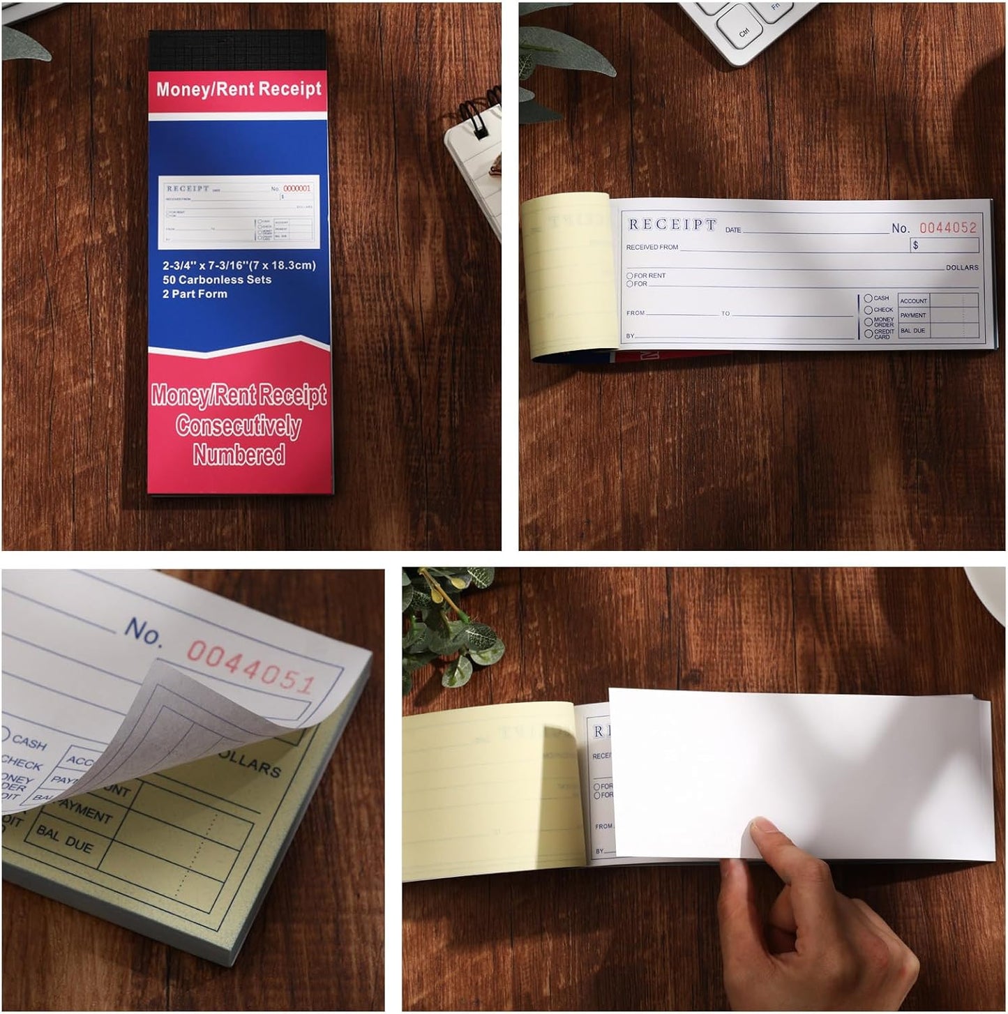 Crtiin 2 Pads Money and Rent Receipt Book 2.75 x 7.2 Inch Bound Cover 2 Part Carbonless Receipt Book with Carbonless Copies Receipt Log Book 50 Sets Per Book