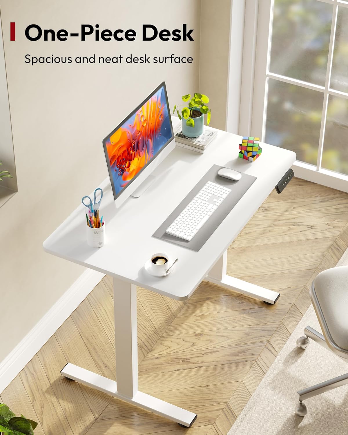 SANODESK Electric Standing Desk 40 x 24 Inches Whole-Piece Desktop Height Adjustable Stand Up Desk w/6-Button Controller Ergonomic Computer Desk for Home Office, White Frame + White Tabletop