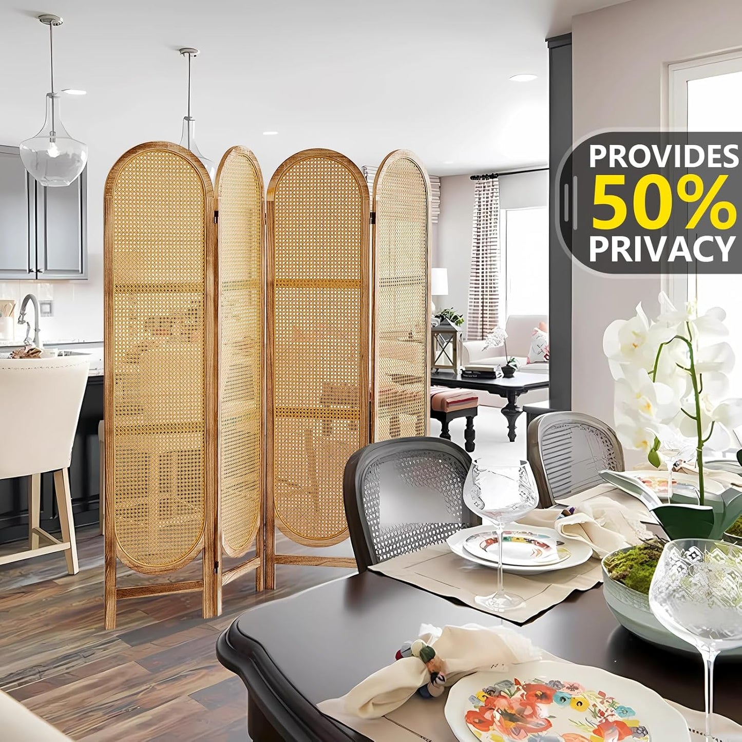 4 Panel Room Divider 5.6 Ft Hand-Woven Rattan Room Divider Screen, Foldable Wood Folding Privacy Screens with Double Hinges, Wall Divider for Room Separation Bedroom Home Office - Natural