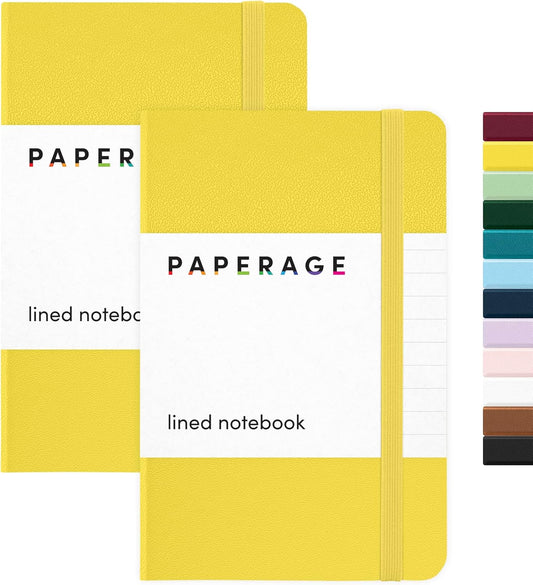 PAPERAGE Lined Pocket Journal Notebook, 2 Pack, (Yellow), 160 Pages, Small Notebook, 3.6 inches x 5.6 inches - 100 GSM Thick Paper, Hardcover