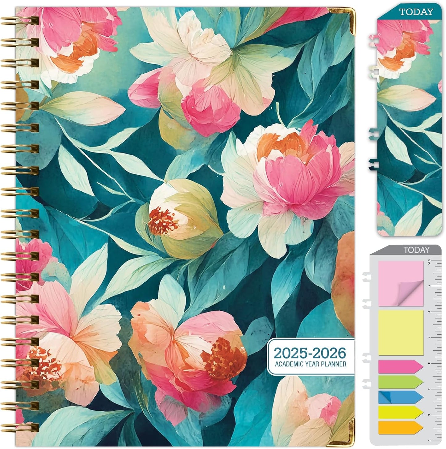 HARDCOVER Academic Year 2025-2026 Planner: (June 2025 Through July 2026) 8.5"x11" Daily Weekly Monthly Planner Yearly Agenda. Bookmark, Pocket Folder and Sticky Note Set (Teal Floral)