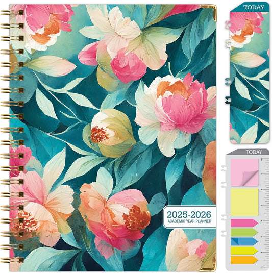 HARDCOVER Academic Year 2025-2026 Planner: (June 2025 Through July 2026) 8.5"x11" Daily Weekly Monthly Planner Yearly Agenda. Bookmark, Pocket Folder and Sticky Note Set (Teal Floral)