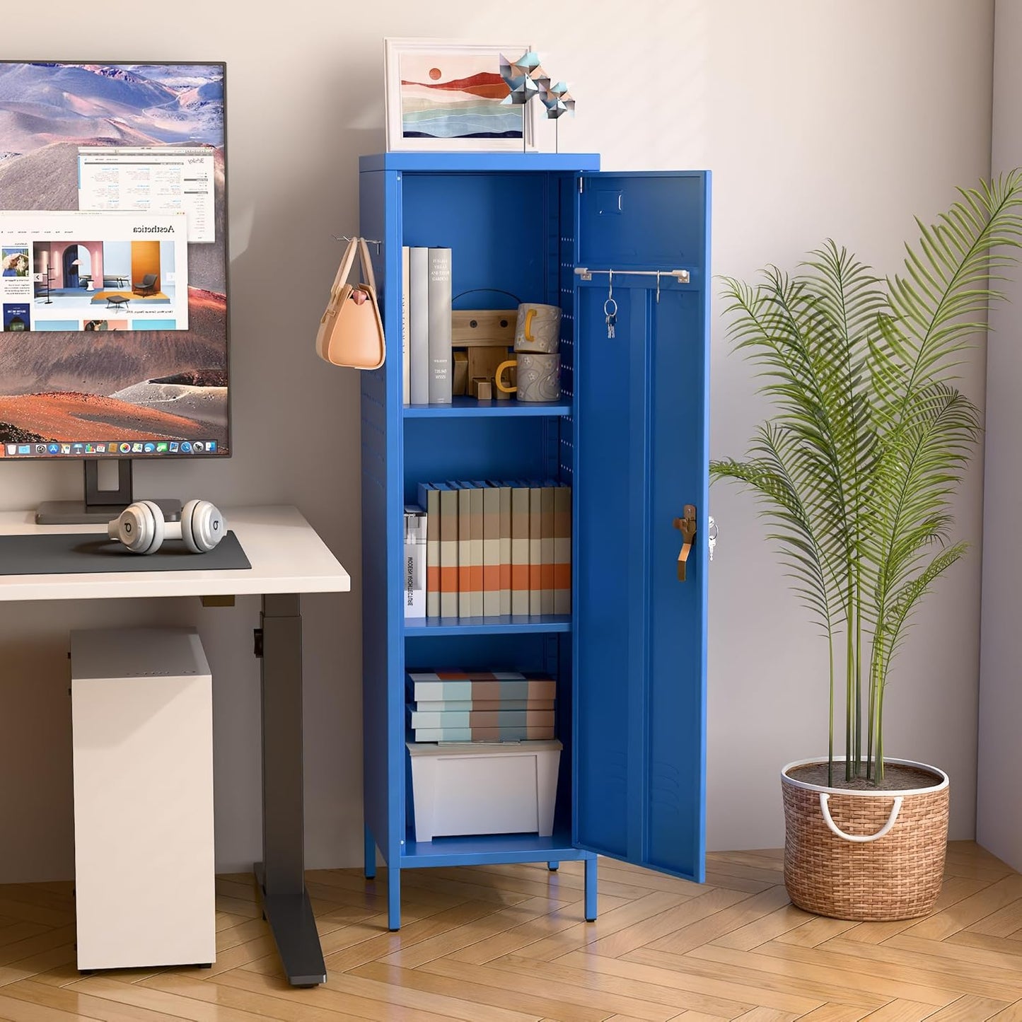 Aobabo Metal 54" H Metal Storage Locker for Employees, Lockable 1 Door with Towel Rack and 2 Side Pegboards with Hooks for School Office Gym Home, Assembly Required (Blue)