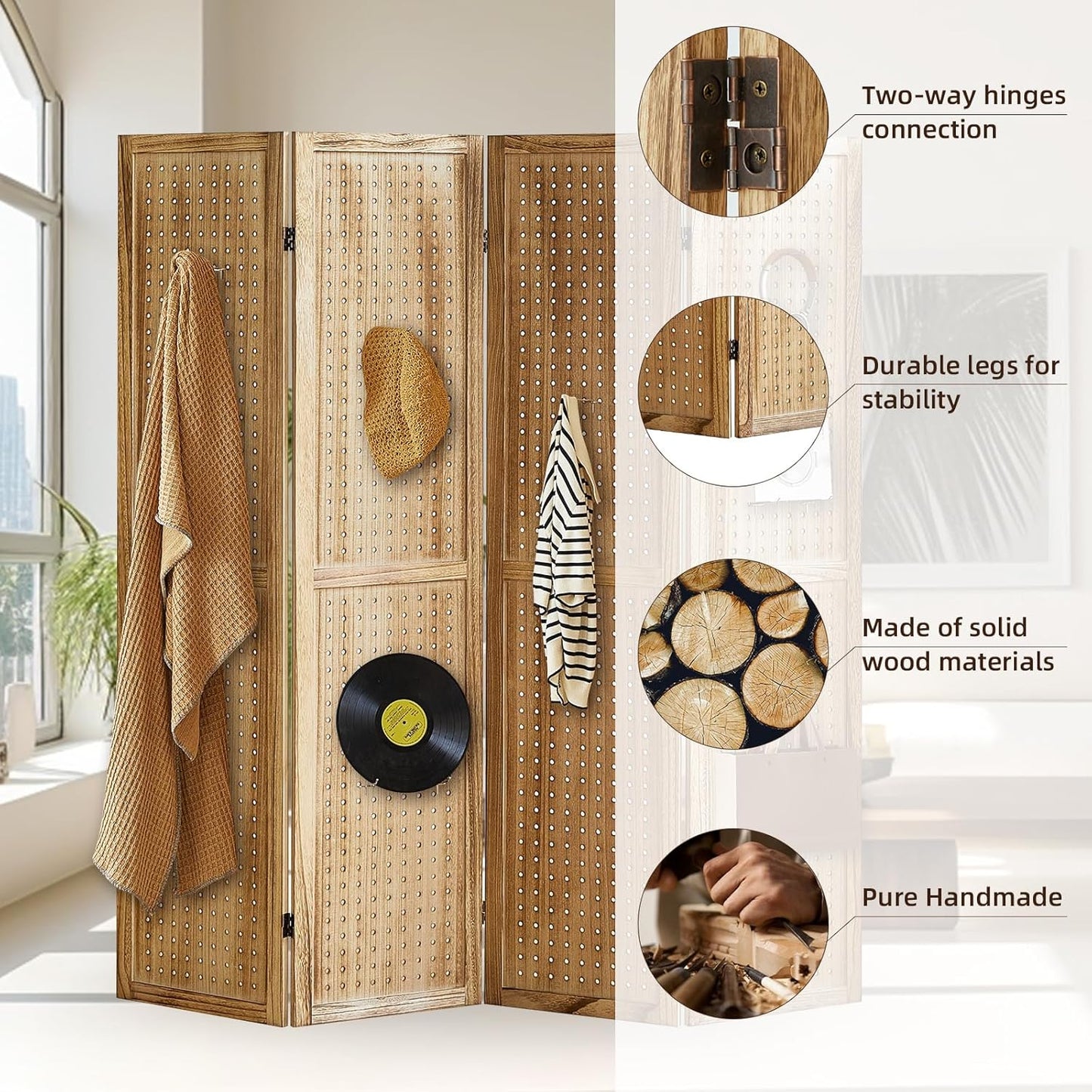 4 Panel Pegboard Display with 16 Hooks, Wooden Room Divider Wall and Folding Privacy Screens, Privacy Dividers for Rooms, Pegboard Room Divider, Jewelry Store, Bedroom, Balcony, Light Brown